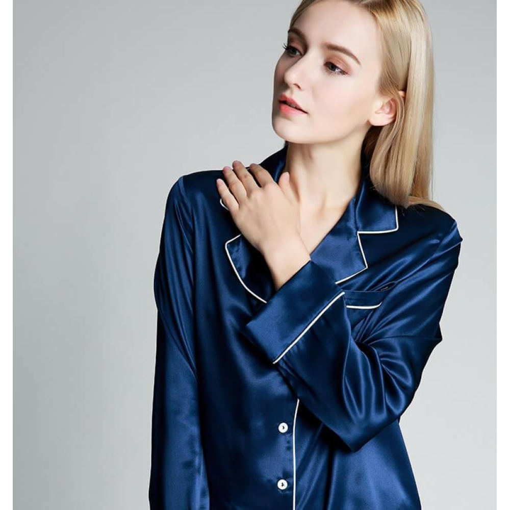 Жіноча шовкова піжама зі штанами синя (розмір XS S M L XL XXl)